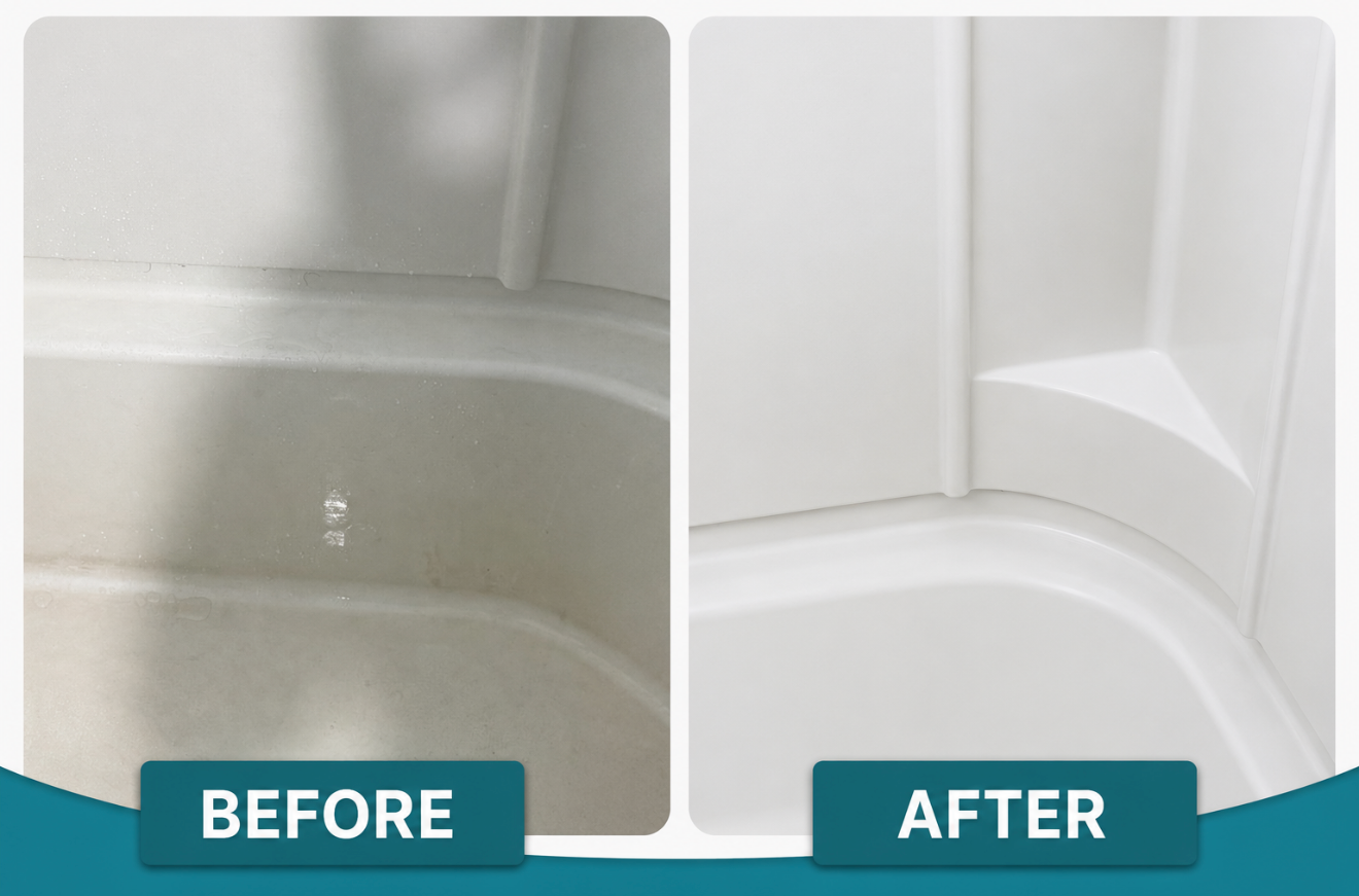Before and after of bathroom surfaces, fixtures, and shower doors