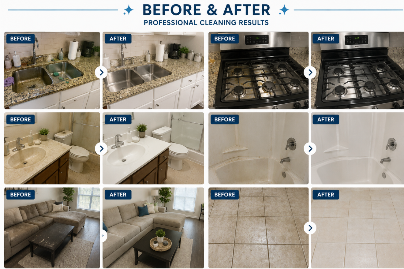 Before and after cleaning results across six different rooms