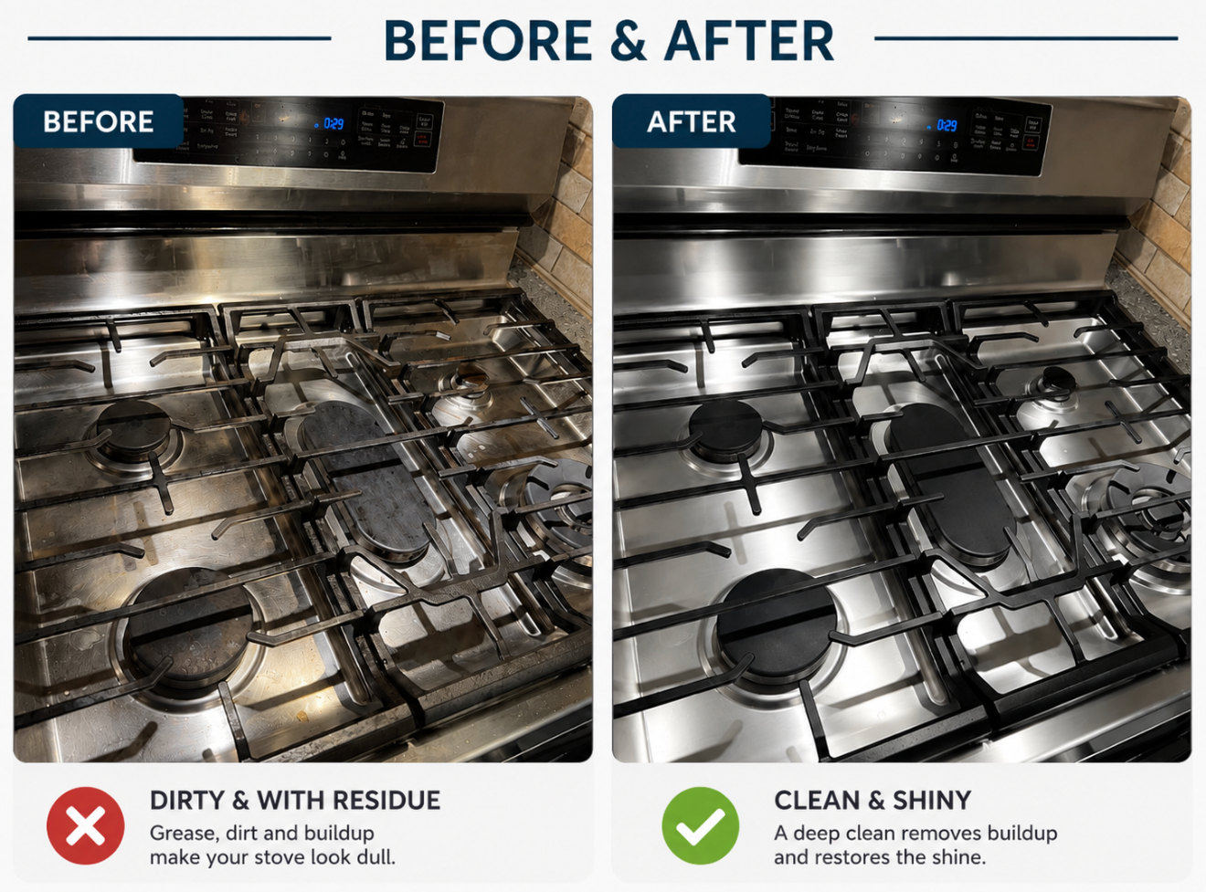 Before and after of a gas stove deep clean
