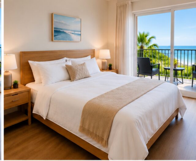 Airbnb bedroom staged guest-ready with fresh linens and styled bed