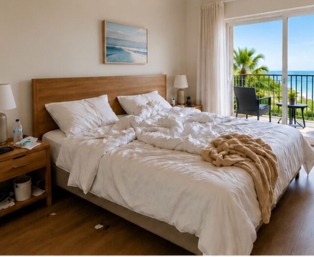 Airbnb bedroom after guest checkout, bed unmade