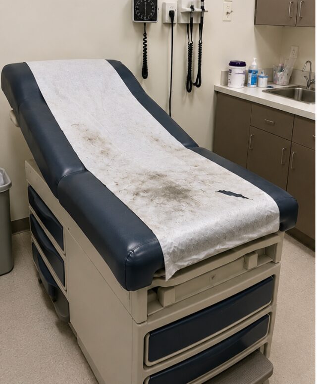 Exam room table before cleaning service