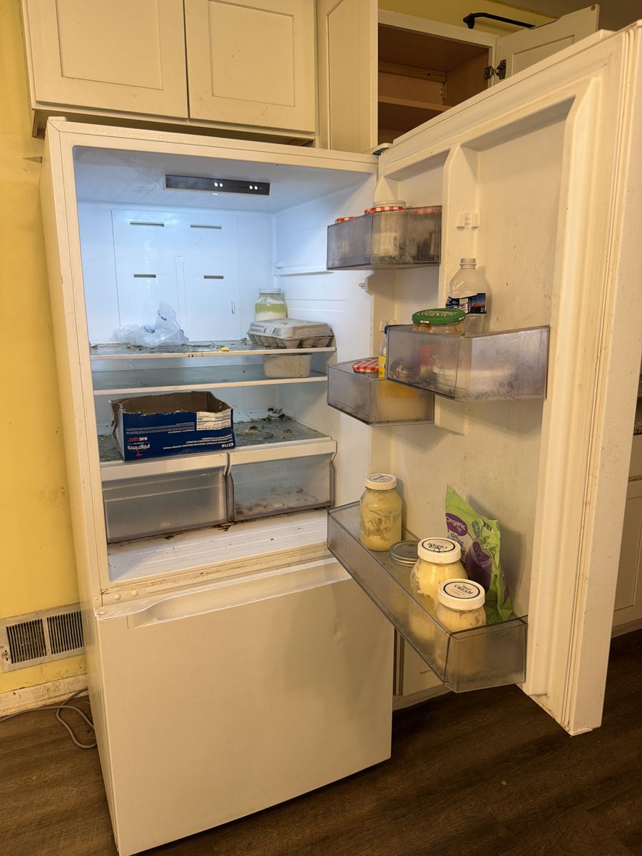 Fridge interior with old food and dirty shelves before cleaning