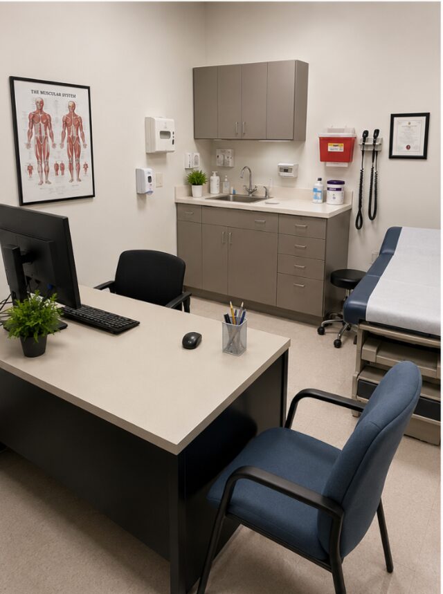 Doctor's office desk organized and clean after service