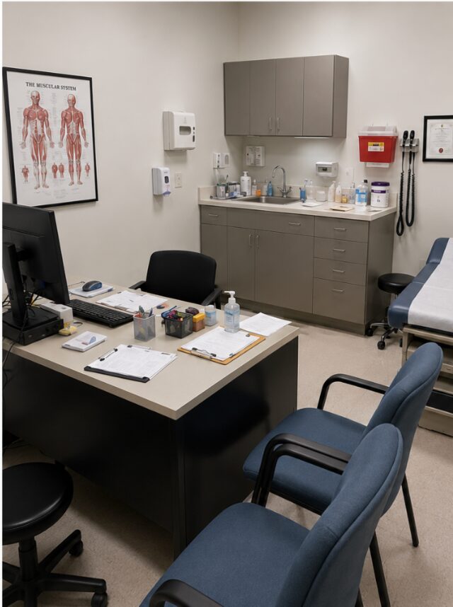 Doctor's office desk cluttered before cleaning